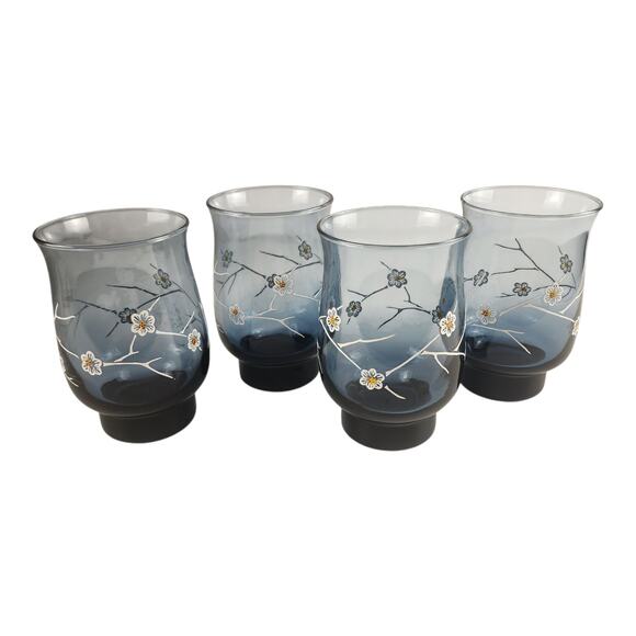 Vintage Libbey Dusky Blue Dogwood Floral Tulip Pedestal Glasses (Set of 4) 16oz